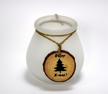 Windlicht Glas ca. 10,5 cm Altweiß Holz Anhänger Enjoy X-mas Advent Vase klein