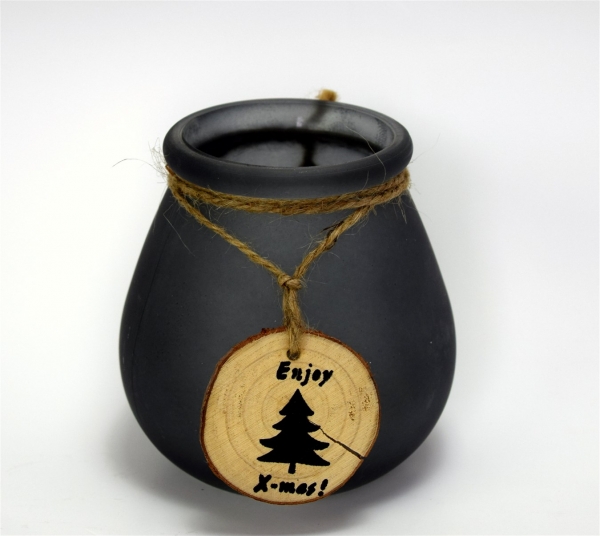 Windlicht Glas ca. 10,5 cm blaugrau Holz Anhänger Enjoy X-mas Advent Vase klein